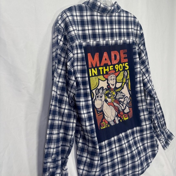Toy Story "Made in the 90s" Upcycled Blue and White Fall Flannel Shirt Sz Large - Picture 2 of 7